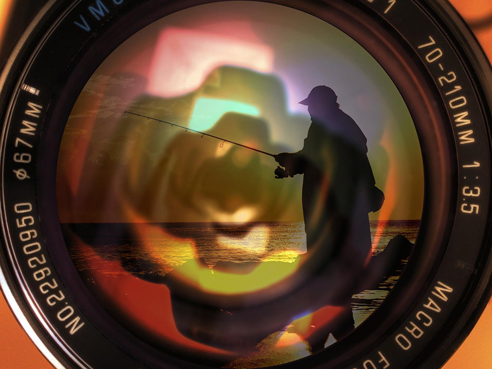 Camera lens with fisherman reflection